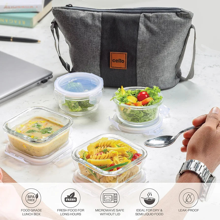 CELLO Glassy Square Lunch Box Set of 4 , Clear | Leak-Proof Toughened Microwavable Glass | Perfect Lunch Box Set for Office, School & College